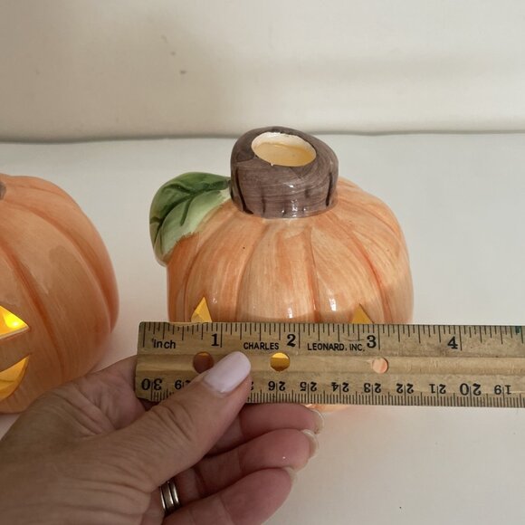 VTG Fortunoff Halloween Pumpkin Votive Candle Holders Jack O Lantern Set Of 2 - Picture 8 of 9